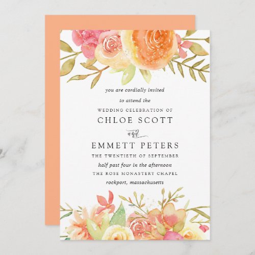 Pink Ivory Orange Flowers Wedding Invitation