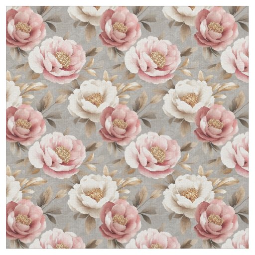 Pink & Ivory Peonies on Gray Fabric