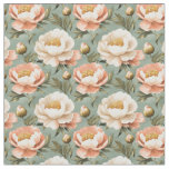 Pink &amp; Ivory Peonies on Green  Fabric
