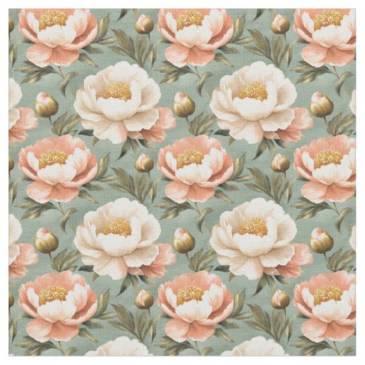 Pink & Ivory Peonies on Green  Fabric