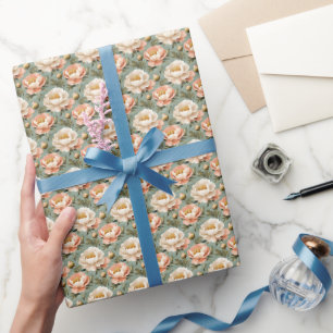 Pink & Ivory Peonies on Green  Wrapping Paper
