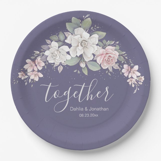 Pink & Ivory Roses Floral "Together" Paper Plates (Front)