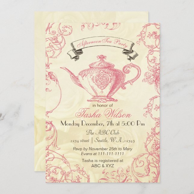 Pink Ivory Roses vintage afternoon Tea Invites (Front/Back)
