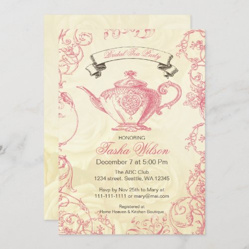 Pink Ivory Roses vintage Bridal Tea Party Invitation