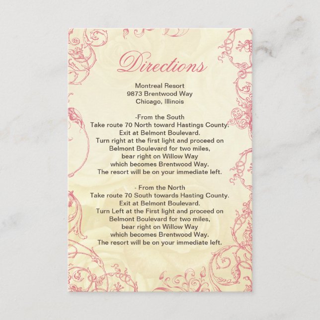 Pink Ivory Roses vintage wedding details card (Front)