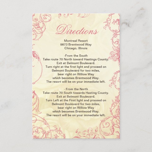 Pink Ivory Roses vintage wedding details card (Front)