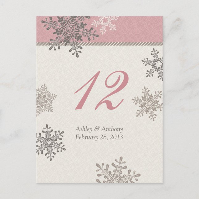 Pink Ivory Snowflake Winter Wedding Table Card (Front)
