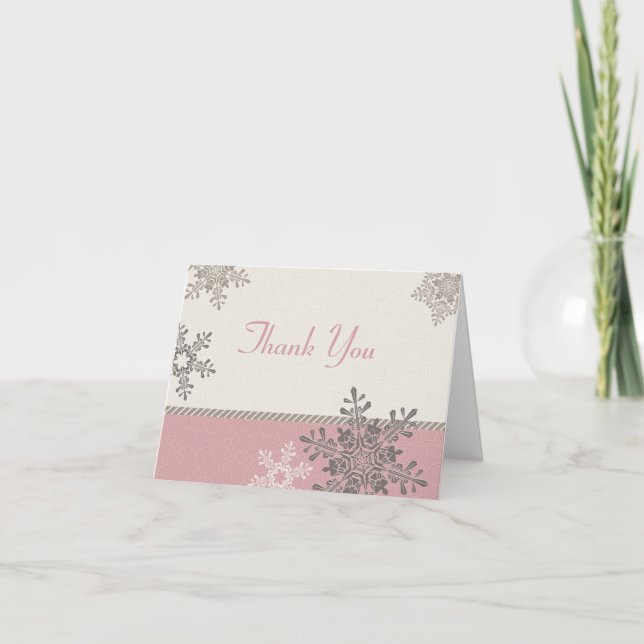 Pink Ivory Snowflake Winter Wedding Thank You Card (Front)