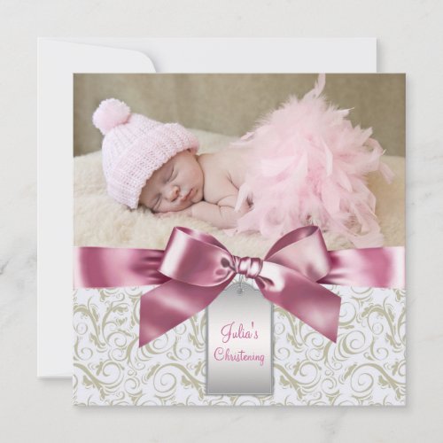 Pink Ivory Swirls Baby Girl Photo Christening Announcement