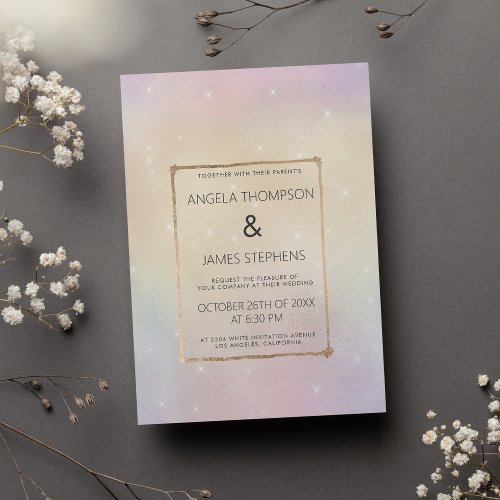 Pink ivory teal gold glitter holographic wedding invitation