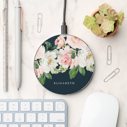 Pink Ivory Watercolor Floral Blue and Your Name  Wireless Charger