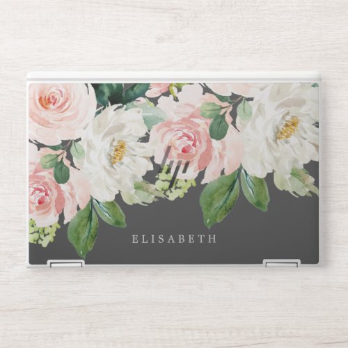 Pink Ivory  Watercolor Floral Gray and Your Name HP Laptop Skin