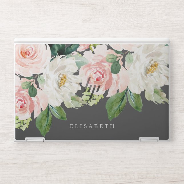 Pink Ivory  Watercolor Floral Gray and Your Name HP Laptop Skin (Front)