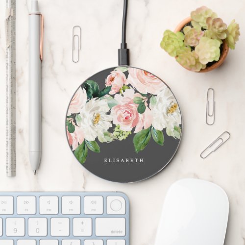 Pink Ivory Watercolor Floral Gray and Your Name Wireless Charger