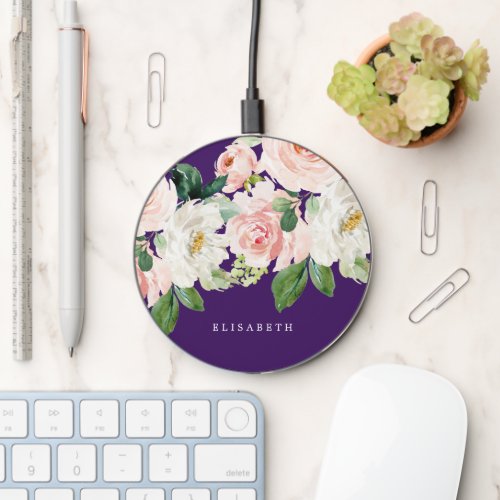 Pink Ivory Watercolor Floral Purple Your Name  Wireless Charger