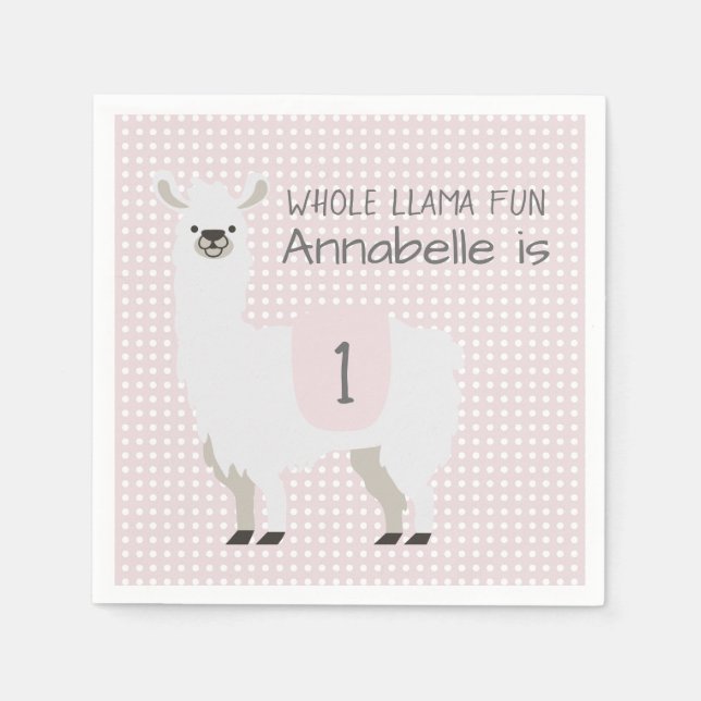 Pink & Ivory Whole Llama Fun Baby 1st Birthday Napkins (Front)