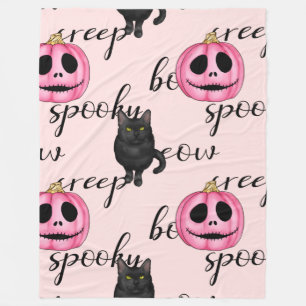 Pink Jack-O-Lantern and Black Cat Fleece Blanket