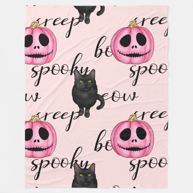 Pink Jack-O-Lantern and Black Cat Fleece Blanket (Front)