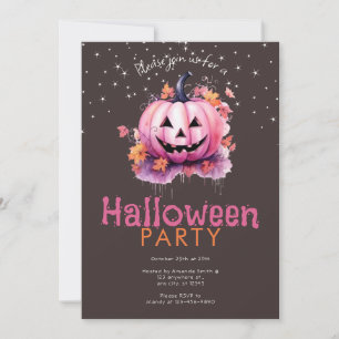 Pink Jack-O' Lantern Leaves Stars Halloween Party Invitation