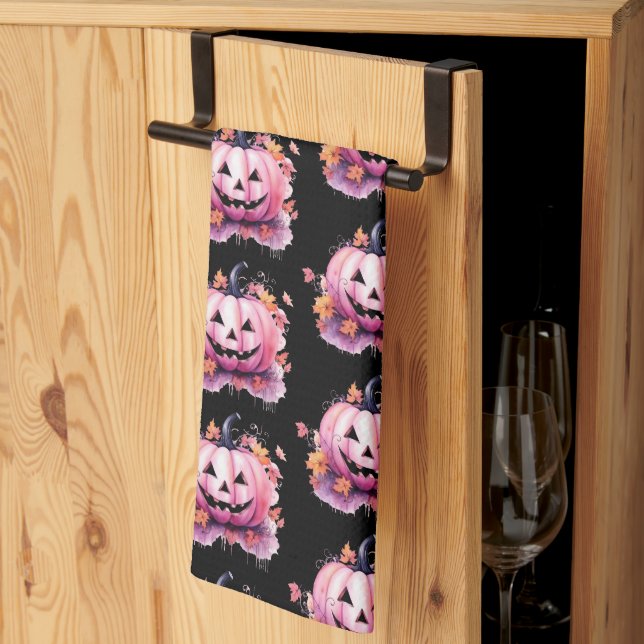 Pink Jack-O' Lantern Orange Leaves Black Halloween Kitchen Towel (Thirds Fold)