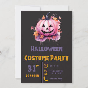 Pink Jack-O' Lanterns and Leaves Black Halloween Invitation