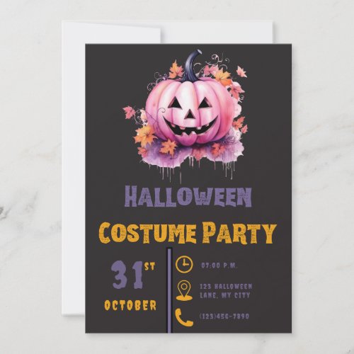 Pink Jack_O Lanterns and Leaves Black Halloween Invitation