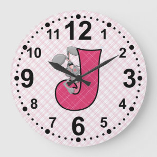 Pink Jackrabbit Letter J Monogrammed Plaid Large Clock
