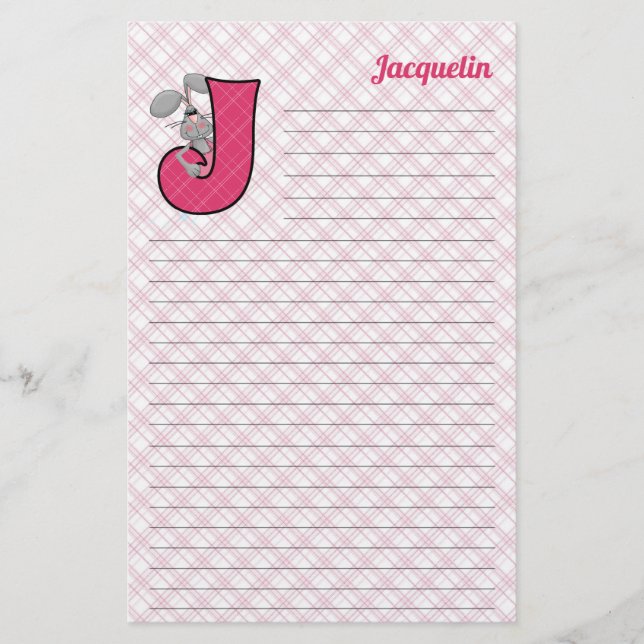 Pink Jackrabbit Mongram Letter J Lined Stationery (Front)