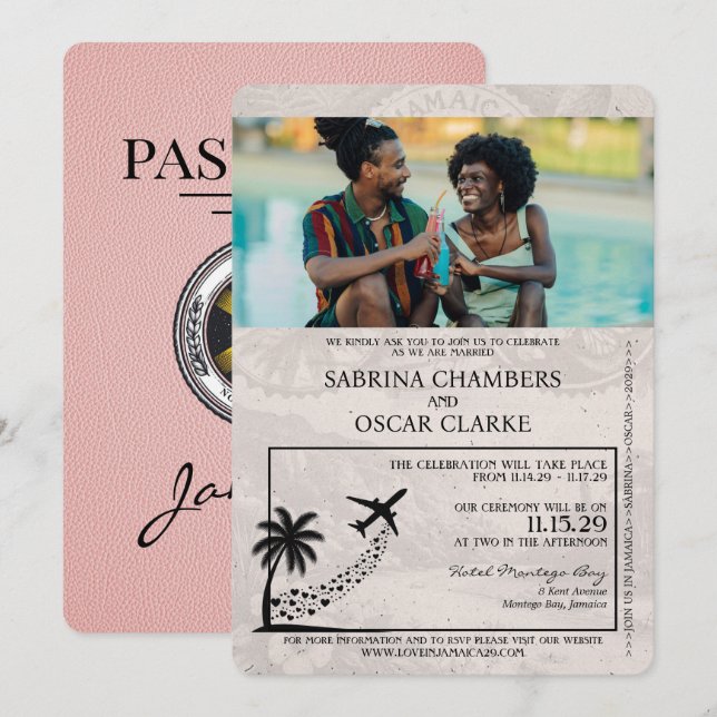 Pink Jamaica Passport Wedding Invitation (Front/Back)