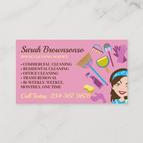 Pink Janitor Lady Cartoon Girl House Cleaning Business Card