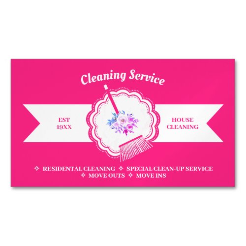 Pink Janitorial Calligraphic Housekeeping Cleaning Business Card Magnet