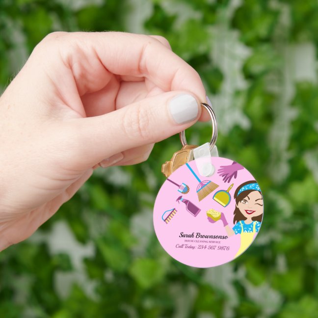 Pink Janitorial Cartoon Cleaning Professional Keychain