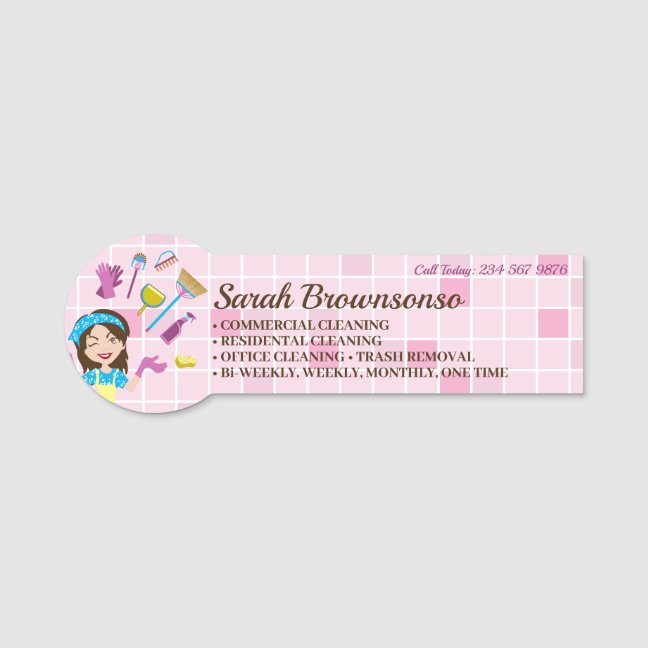 Pink Janitorial Custom Cartoon Cleaning Staff Name Tag