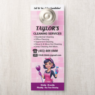 Pink Janitorial Lady House Cleaning Service Door Hanger