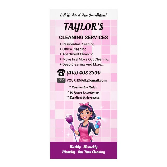 Pink Janitorial Lady House Cleaning Service Rack Card (Front)