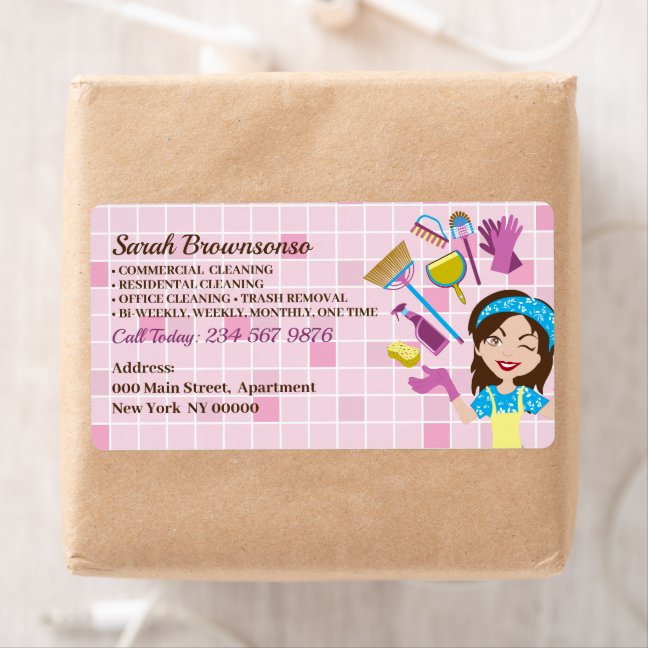 Pink Janitorial Woman Custom Cartoon Cleaning Label