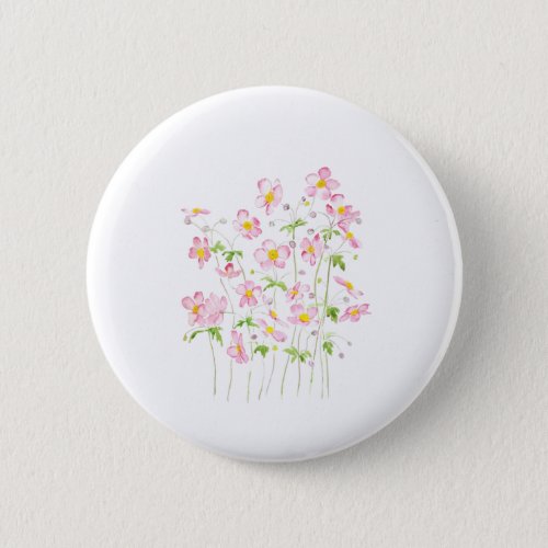 Pink Japanese Anemone field watercolor painting Button