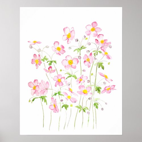 Pink Japanese Anemone field watercolor painting Poster