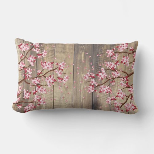 Pink Japanese Cherry Blossoms Branches Wood Lumbar Pillow