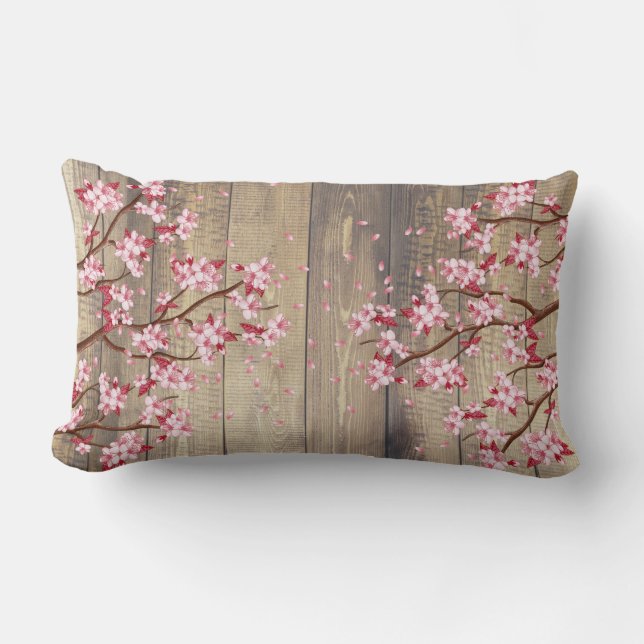 Pink Japanese Cherry Blossoms Branches Wood Lumbar Pillow (Front)