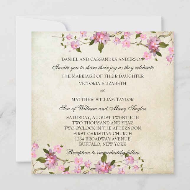 Pink Japanese Cherry Blossoms Wedding Invitation (Front)