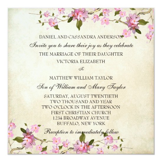 Pink Japanese Cherry Blossoms Wedding Invitation