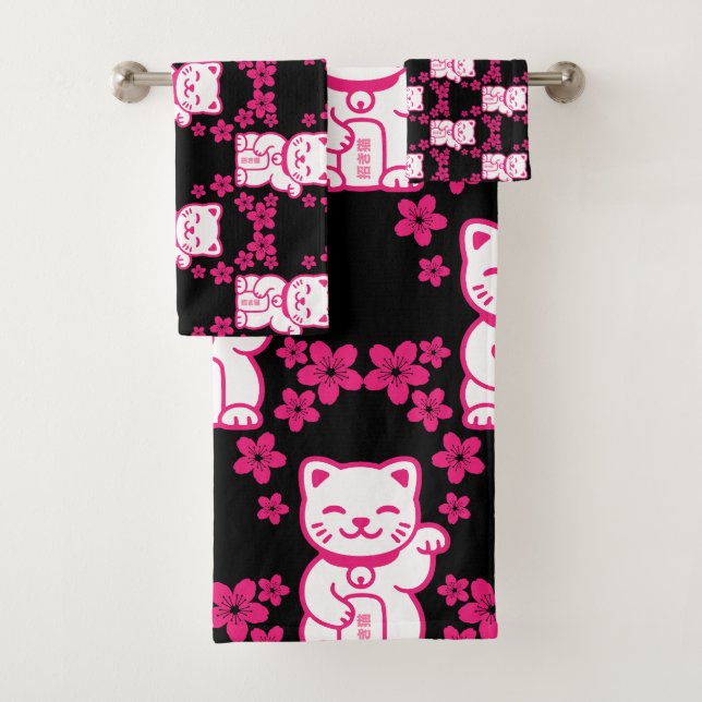 Pink Japanese Maneki-neko Bath Towel Set (Insitu)