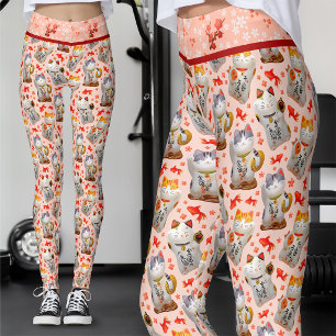 Pink Japanese Maneki Neko Cat and Sushi Leggings