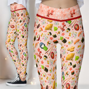 Pink Japanese Maneki Neko Cat and Sushi Leggings