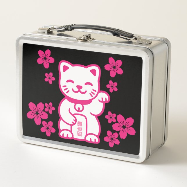 Pink Japanese Maneki-neko Metal Lunch Box (Front)