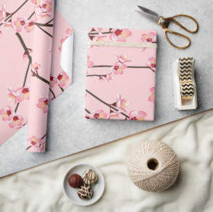 Pink Japanese Sakura Bloom Branch Flower Pattern Wrapping Paper