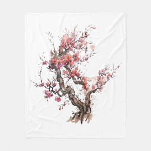 Pink Japanese Sakura Cherry Blossom Watercolor Fleece Blanket