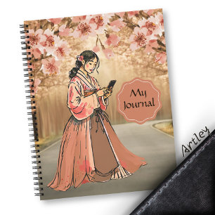 Pink Japanese Woman Cherry Blossom Custom Name Notebook