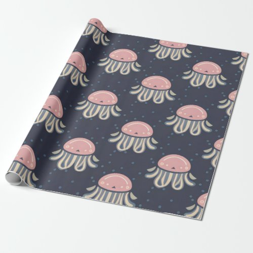 Pink Jelly Fish Blue Background Cute Cartoon Wrapping Paper